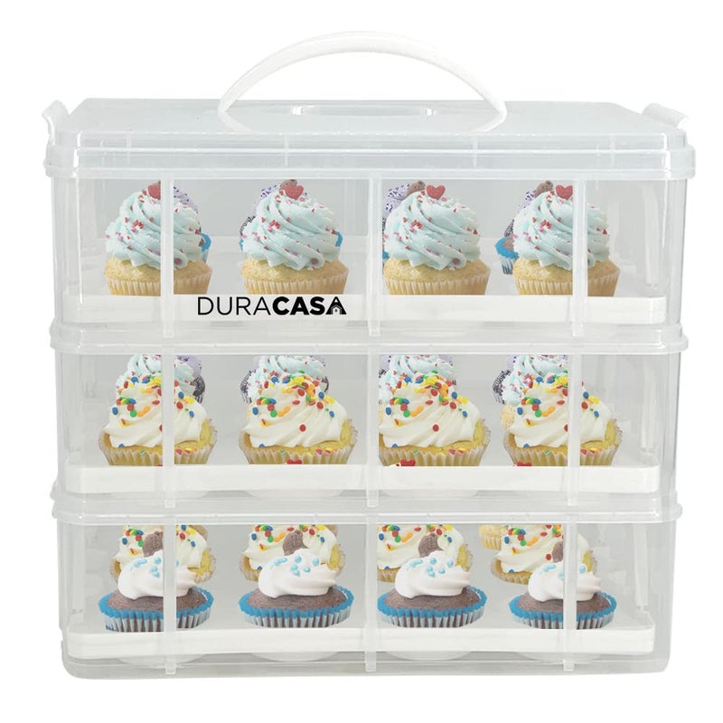 DuraCasa Cupcake Carrier, Cupcake Holder | Premium Upgraded Model Holds Cupcakes Steadier | Store up to 36 Cupcakes or Muffins | Stacking Cupcake Storage Container | Use 1,2, or 3 Tiers (White) - Image 2